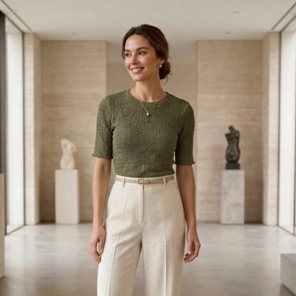 Sanctuary Olive Green Smocked Textured Short Sleeve Top S Earthy Minimalist Work